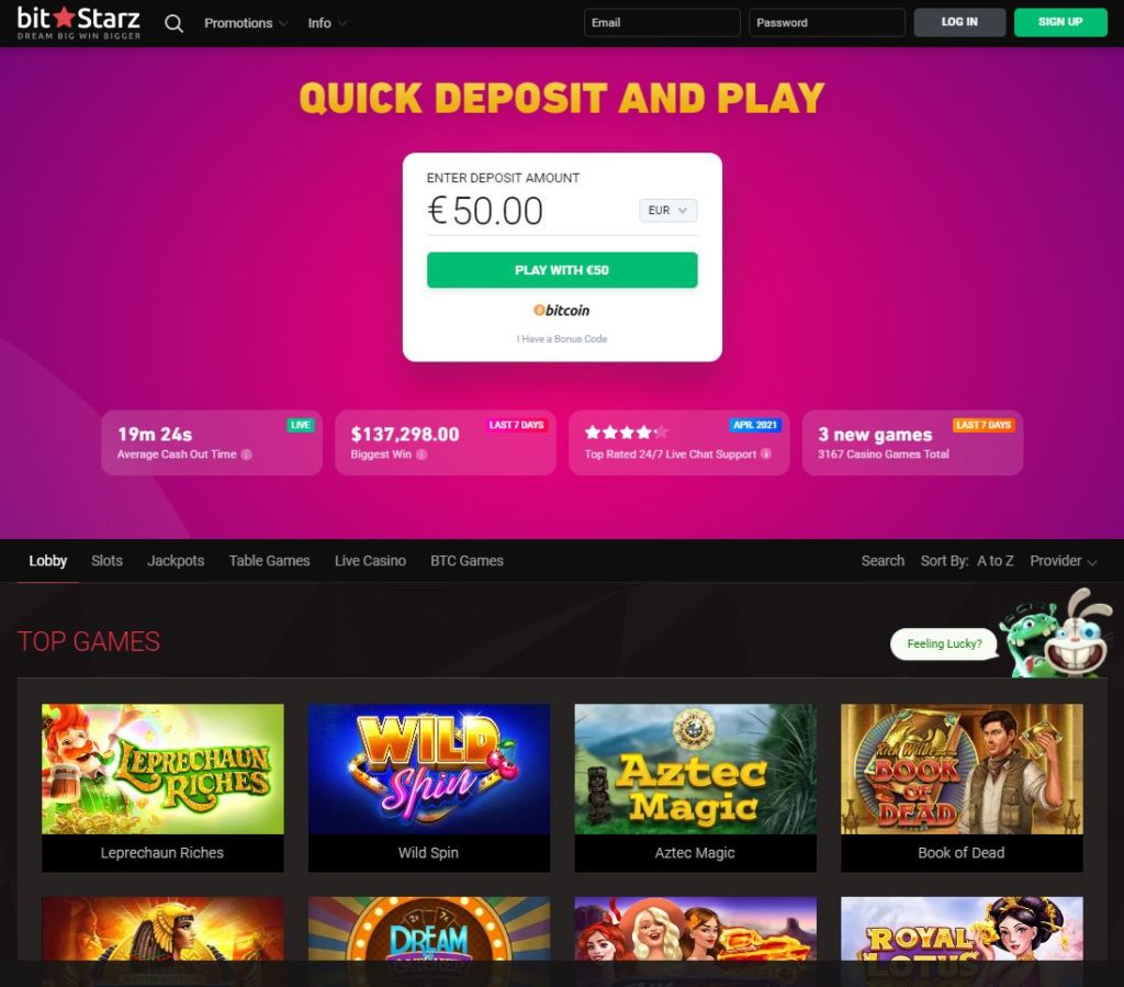 A photo of BitStarz Casino home screen