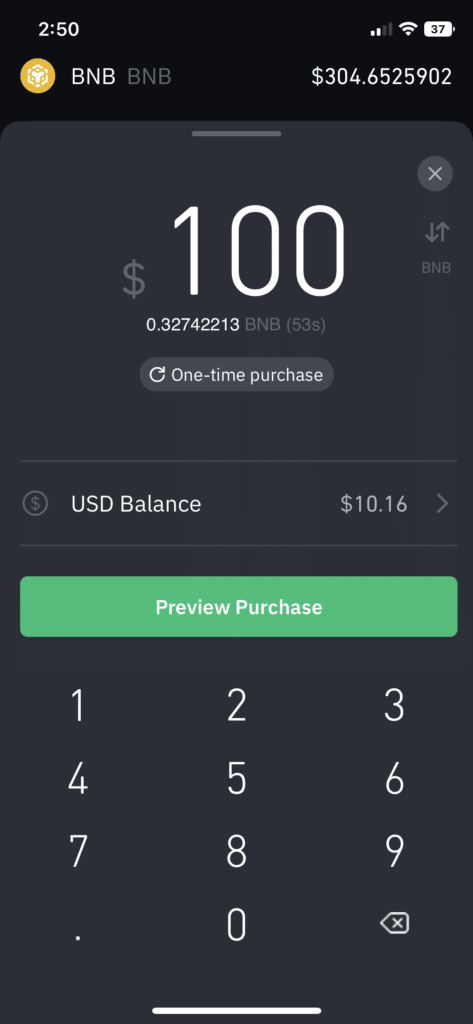 Choose BNB amount to purchase