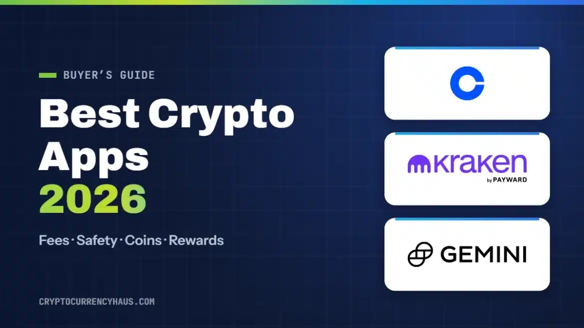 Best crypto apps 2026 featured image with Coinbase, Kraken and Gemini logos