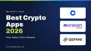Best crypto apps 2026 featured image with Coinbase, Kraken and Gemini logos