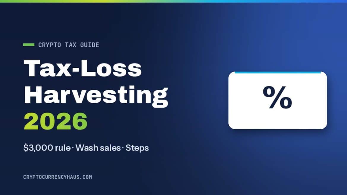 Crypto tax-loss harvesting 2026 title card with the 3,000 dollar rule and wash sales